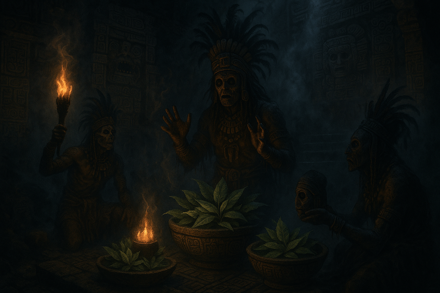 ein mystischen bild aus der zeit der atzteken mit salvia blätter ritualien, creepy stufe:4