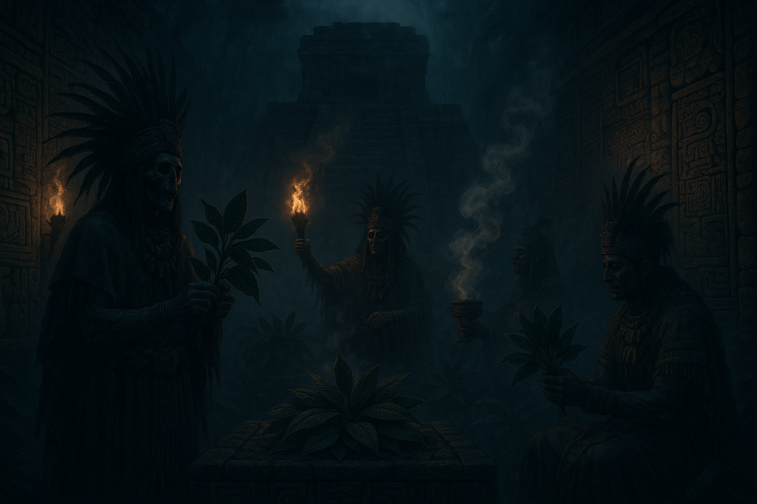 ein mystischen bild aus der zeit der atzteken mit salvia blätter ritualien, creepy stufe:5